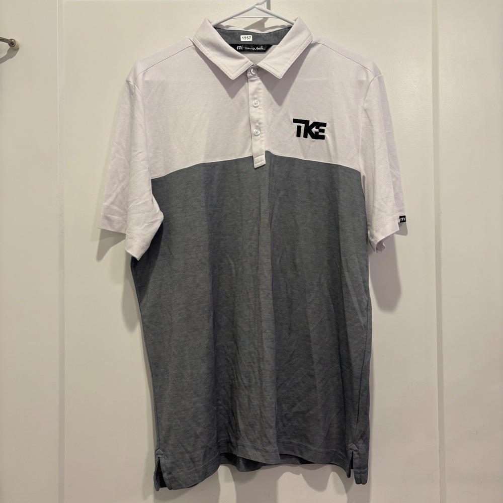 TravisMathew Men L White‎ Grey Colorblock TKE Fraternity Polo Shirt Short Sleeve